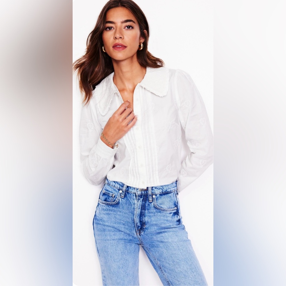 Boden White Embroidered Button Up Down Ruffled Collar Size US 8 UK 12